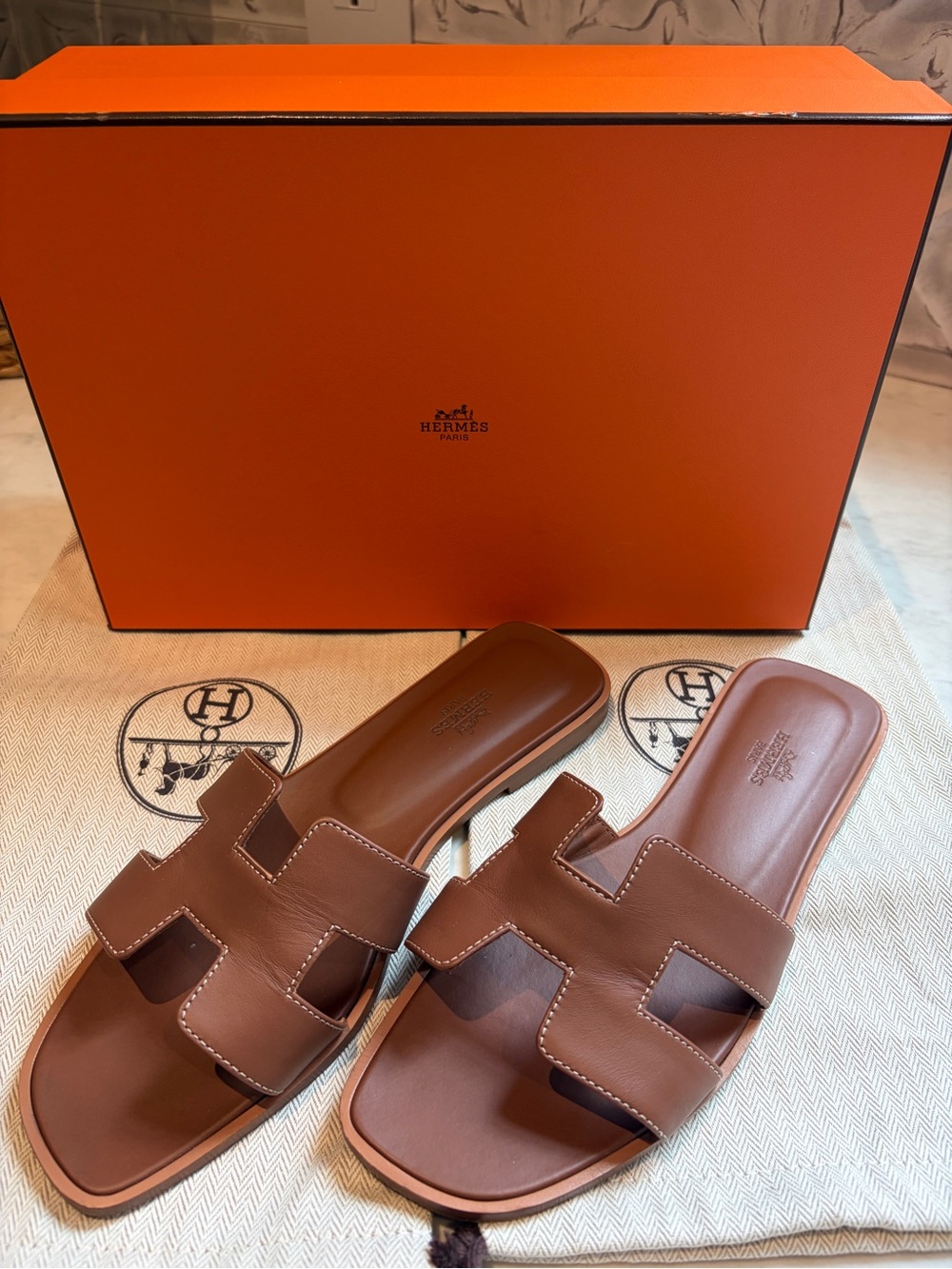Hermes Cognac Brown Leather Oran Slide Sandals
